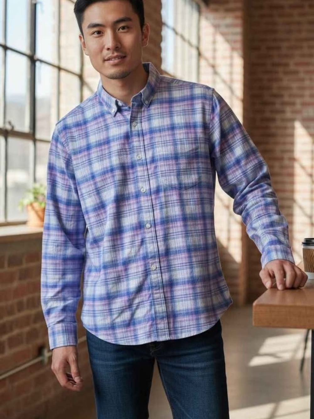 Hawker Rye. Men's Size Medium. Slim. Short. Purple Plaid. Long-Sleeve Button.